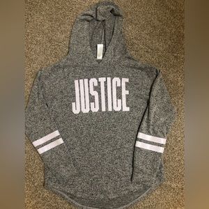 JUSTICE GIRLS 12 HOODED SWEATSHIRT HOODIE PULLOVER GREY WHITE GLITTER LOGO